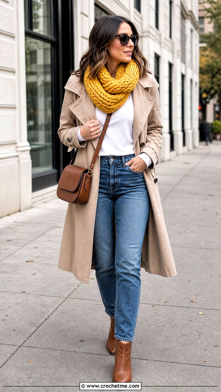 Chunky Ribbed Crochet Infinity Scarf With Trench Coat - 35 crochet infinity scarf outfit ideas