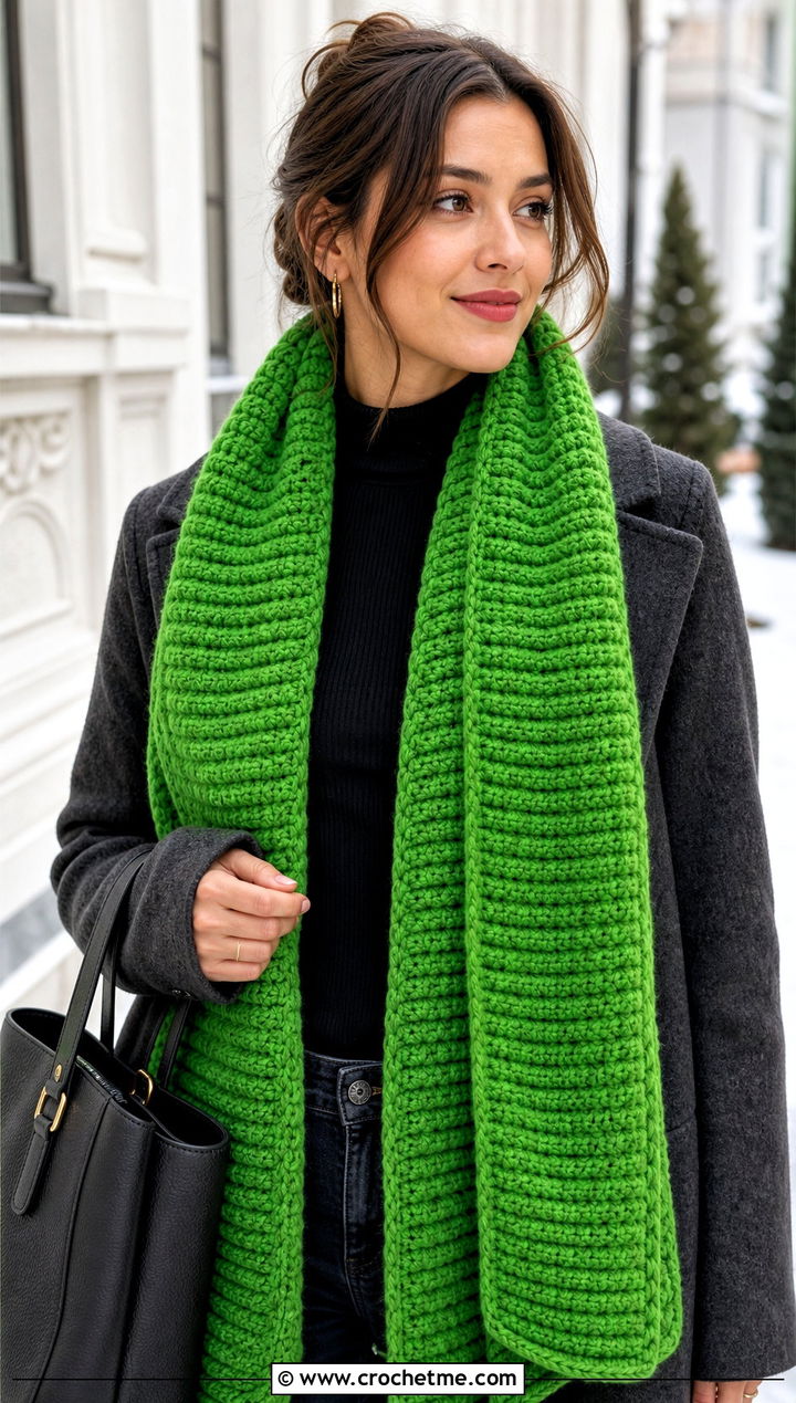 Chunky Ribbed Crochet Mantle Scarf With Wool Coat And Jeans - 20 Crochet Mantle Scarf outfit ideas