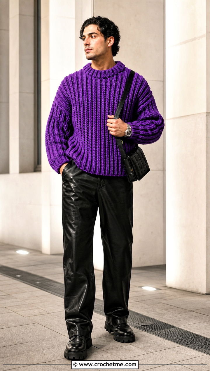 Chunky Ribbed Crochet Mens Pullover With Leather Pants - 15 crochet mens pullover outfit ideas