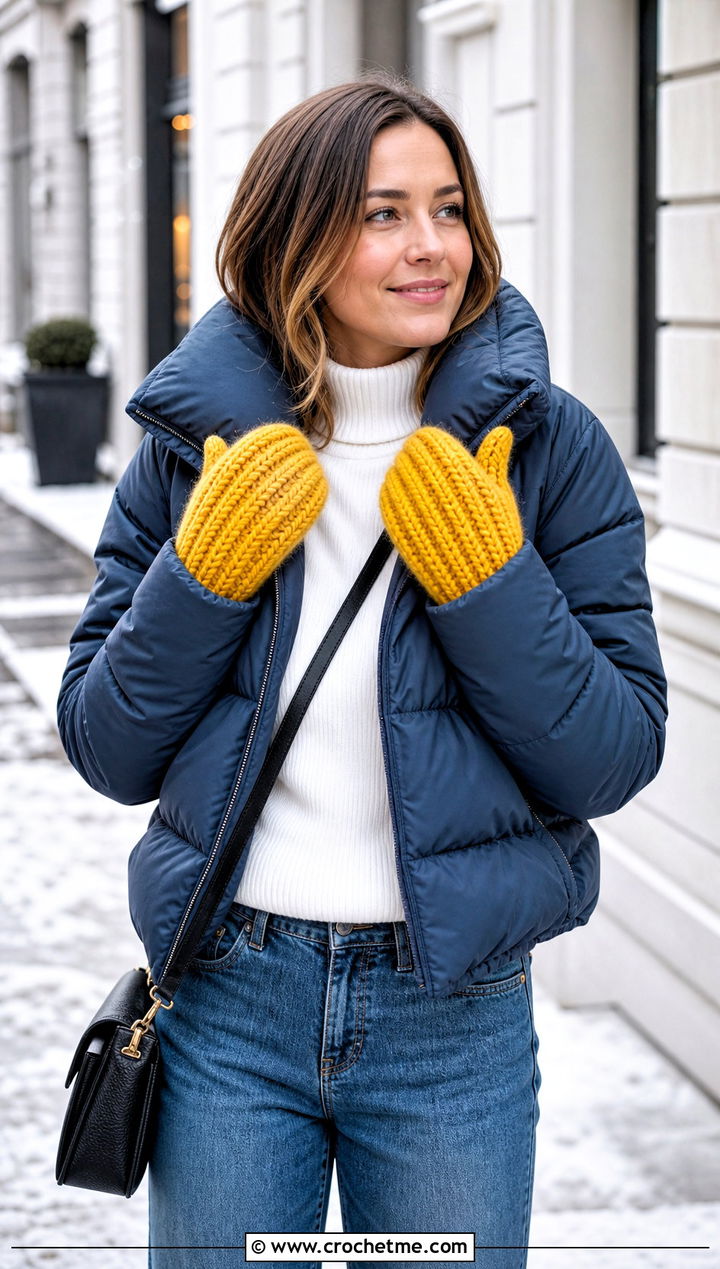 Chunky Ribbed Crochet Mittens With Puffer Coat - 25 quick crochet mittens outfit ideas