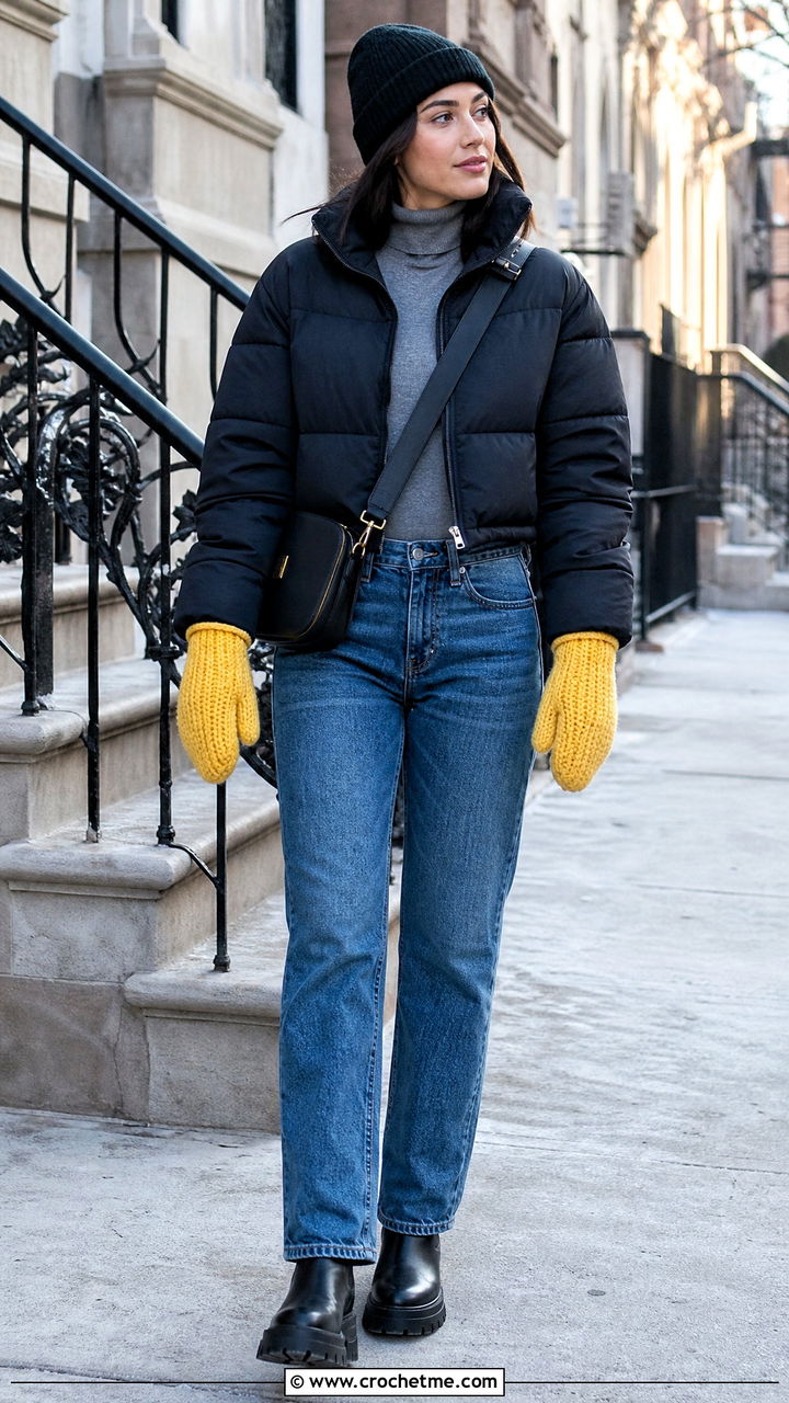 Chunky Ribbed Crochet Mittens With Puffer Coat - 35 crochet mittens outfit ideas