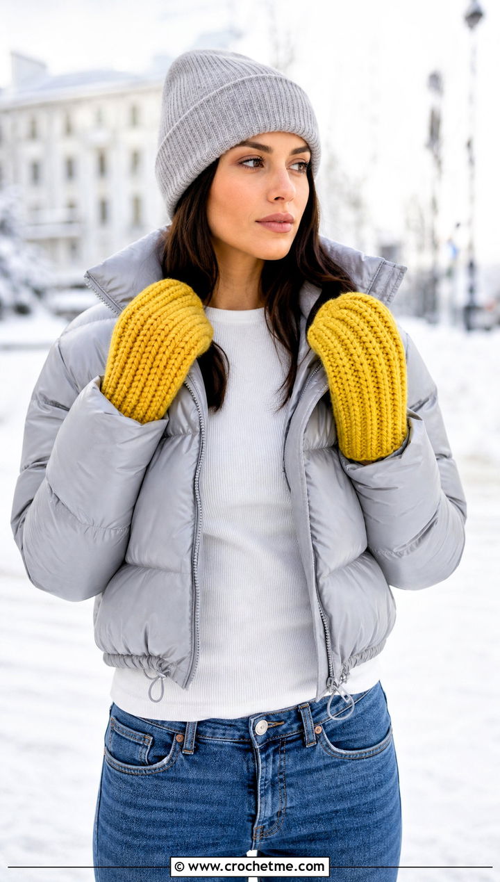 Chunky Ribbed Crochet Mittens With Puffer Jacket - 15 Crochet Mittens With Fleece Lining outfit ideas