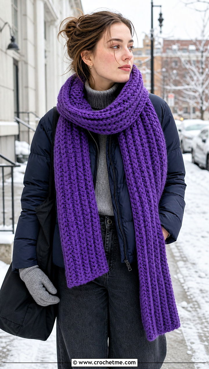 Chunky Ribbed Crochet Mood Scarf With Puffer Coat And Wide Leg Jeans - 15 Crochet Mood Scarf outfit ideas