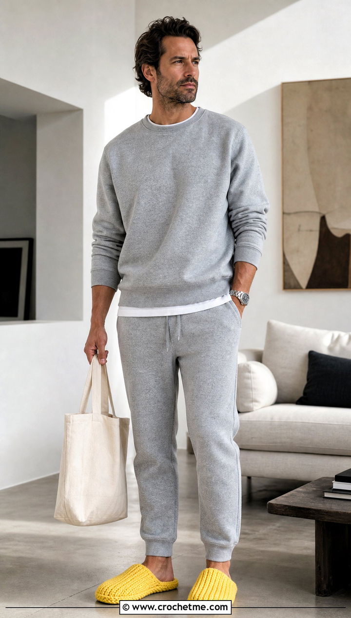 Chunky Ribbed Crochet Mule Slippers With Gray Lounge Set - 35 mens crochet slippers outfit ideas