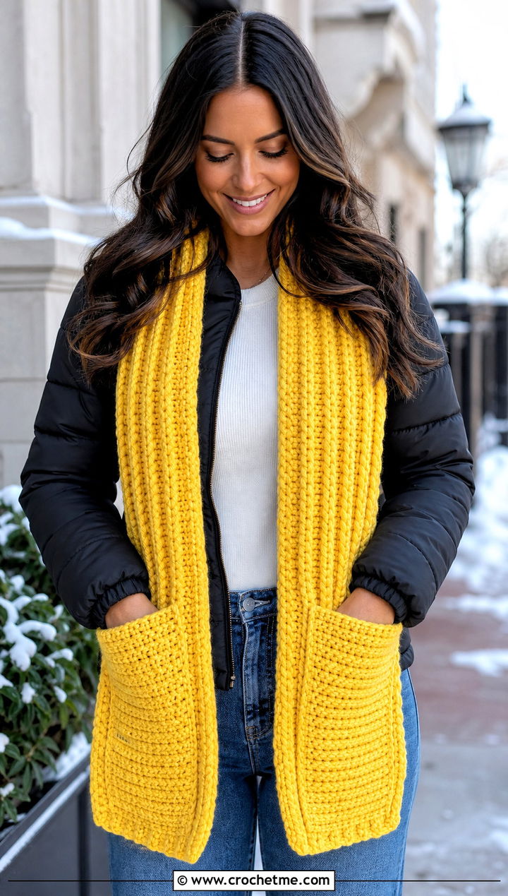 Chunky Ribbed Crochet Pocket Scarf With Puffer Jacket - 15 Crochet Scarf With Hand Pockets outfit ideas