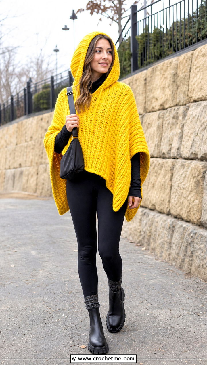 Chunky Ribbed Crochet Poncho With Hood And Leggings - 35 crochet poncho with hood outfit ideas