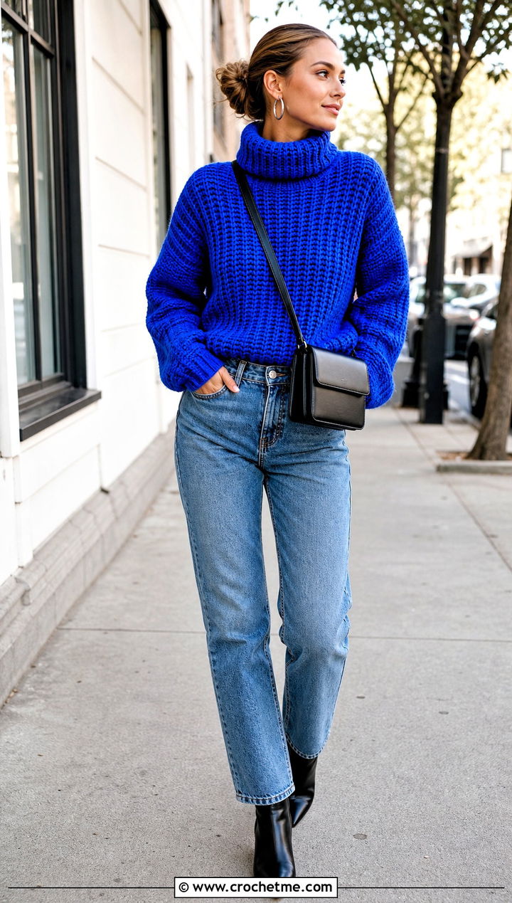 Chunky Ribbed Crochet Roll Neck Sweater With Straight Jeans - 20 Crochet Roll Neck Sweater outfit ideas