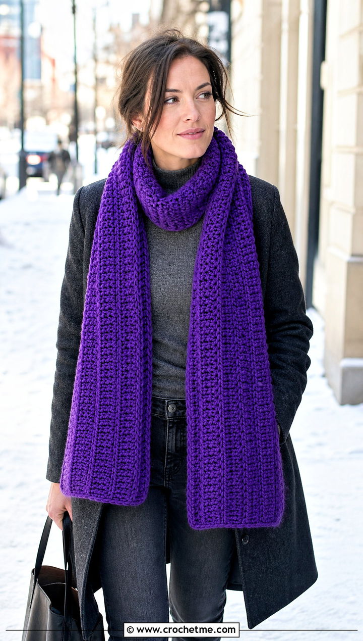 Chunky Ribbed Crochet Sally Scarf With Wool Coat - 20 Crochet Sally Scarf outfit ideas