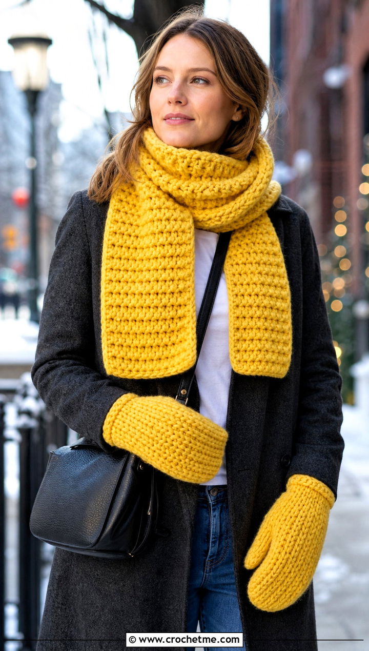 Chunky Ribbed Crochet Scarf And Classic Mittens With Straight Jeans - 15 Crochet Scarf And Mittens Set outfit ideas