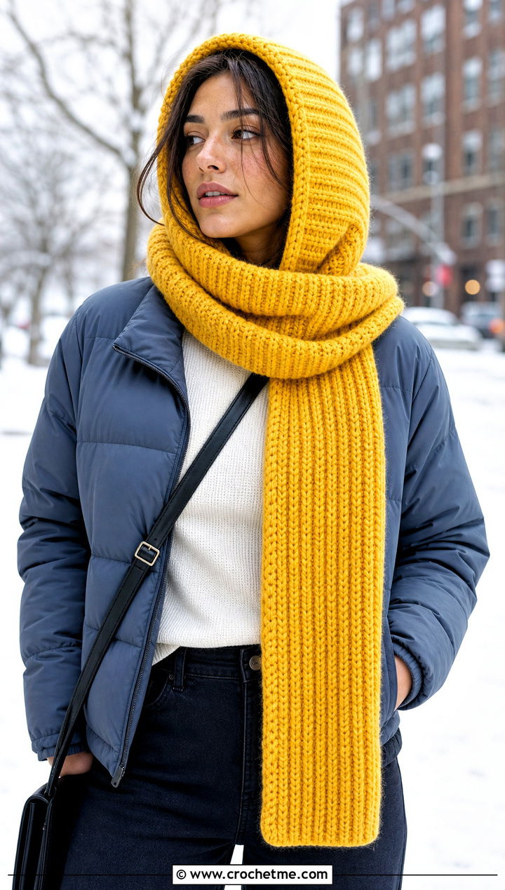 Chunky Ribbed Crochet Scarf Hood With Puffer Jacket - 30 crochet scarf hood outfit ideas