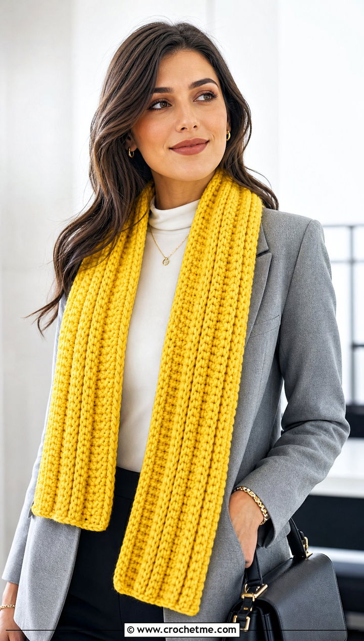 Chunky Ribbed Crochet Scarf With Blazer And Trousers - 15 Vibrant Crochet Scarf outfit ideas