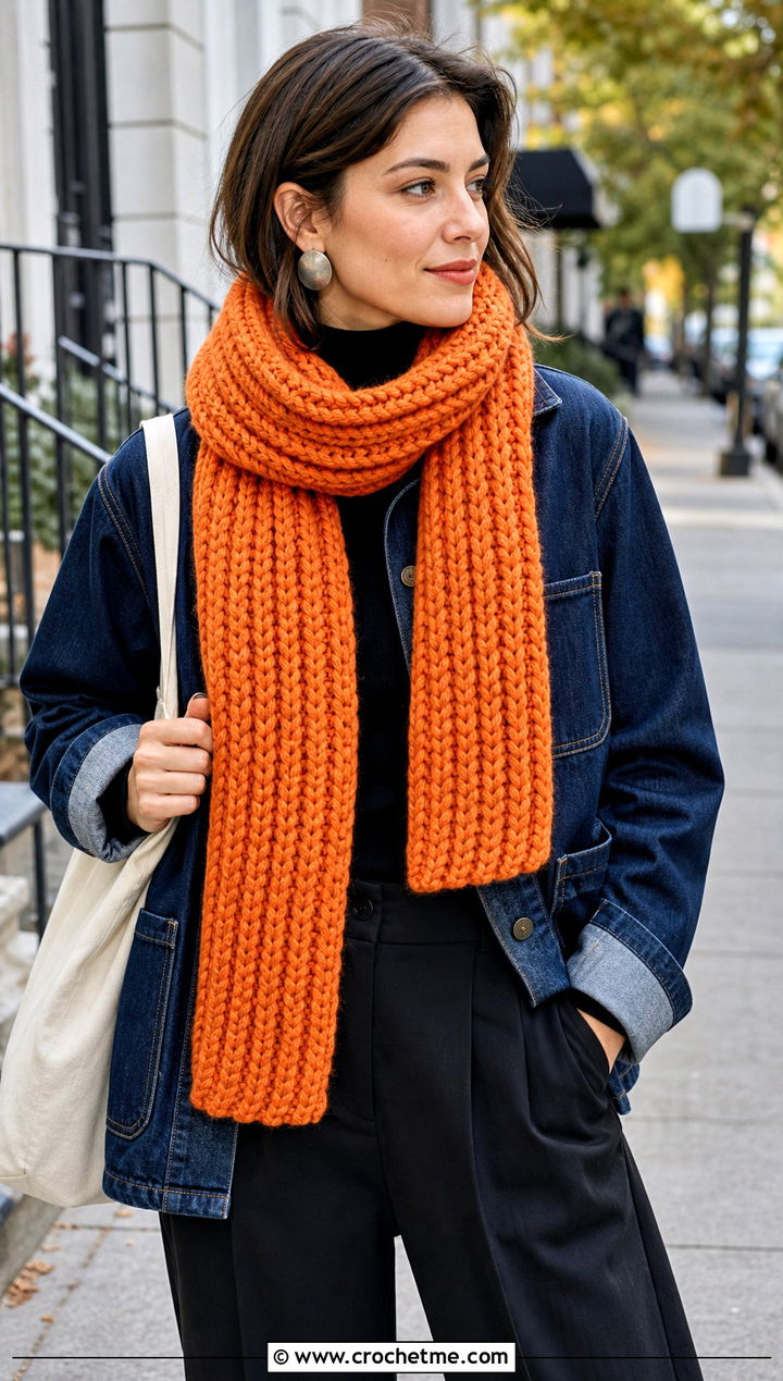 Chunky Ribbed Crochet Scarf With Denim Chore Jacket - 25 denim and crochet scarf outfit ideas