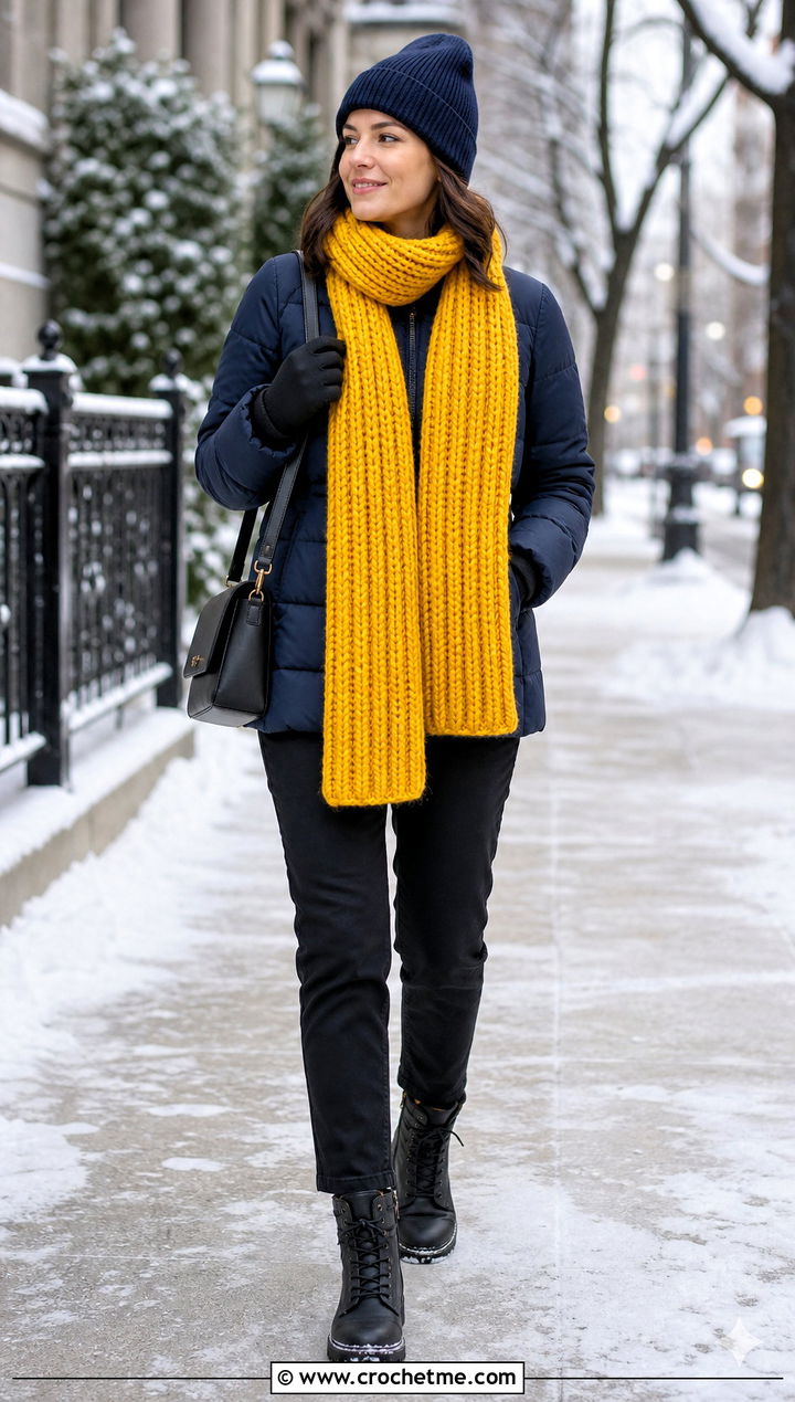 Chunky Ribbed Crochet Scarf With Puffer Jacket - 35 cute crochet scarf outfit ideas