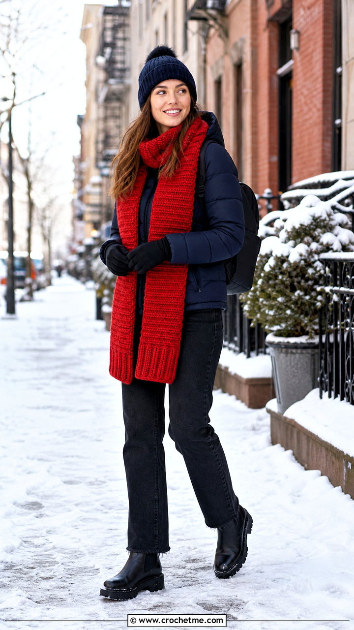 Chunky Ribbed Crochet Scarf With Puffer Jacket - 35 simple crochet scarf outfit ideas