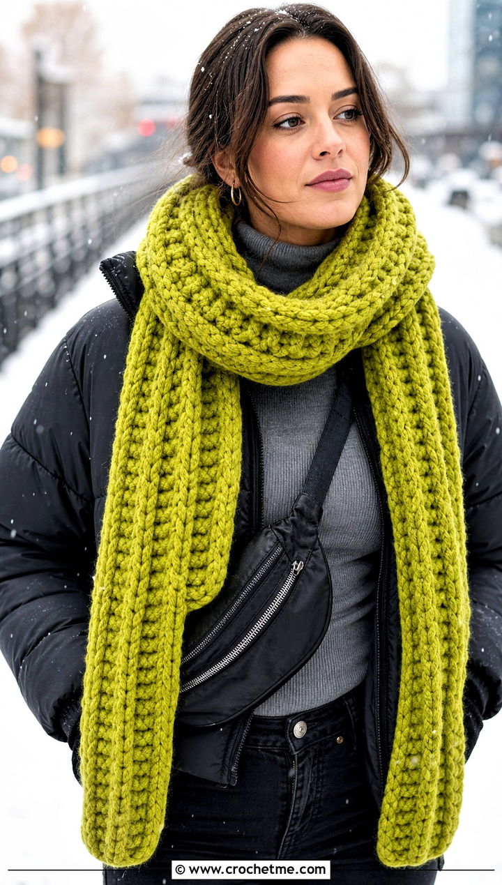 Chunky Ribbed Crochet Scarf With Puffer Jacket - 25 Beautiful Crochet Scarf outfit ideas