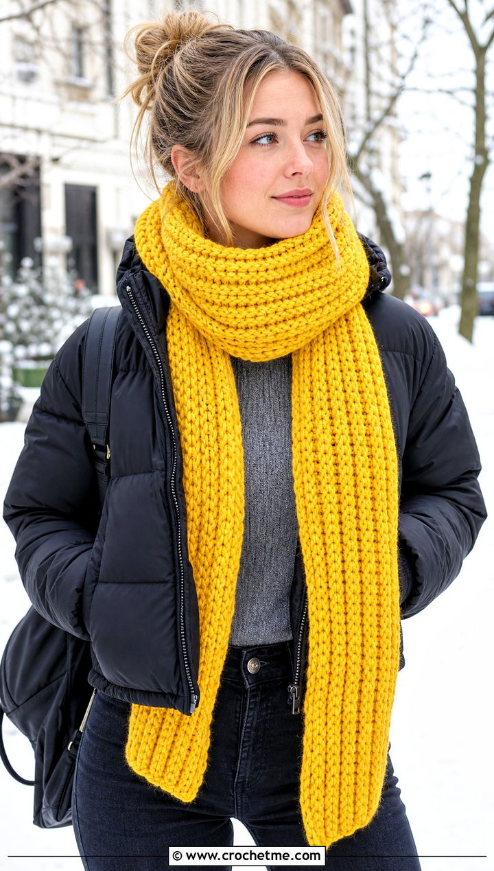 Chunky Ribbed Crochet Scarf With Puffer Jacket - 25 Quick And Easy Crochet Scarf outfit ideas