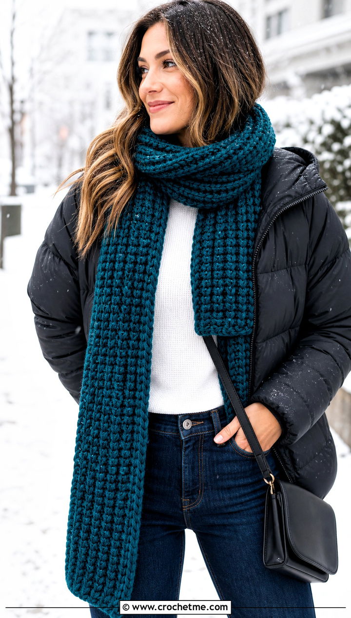 Chunky Ribbed Crochet Scarf With Puffer Jacket - 15 Winter Crochet Scarf Design outfit ideas