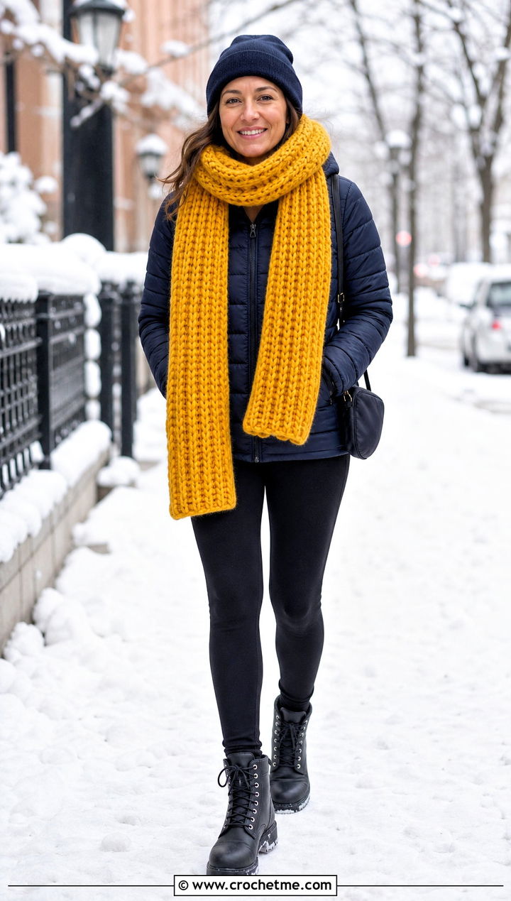 Chunky Ribbed Crochet Scarf With Puffer Jacket and Leggings - 35 Winter Crochet Scarf outfit ideas