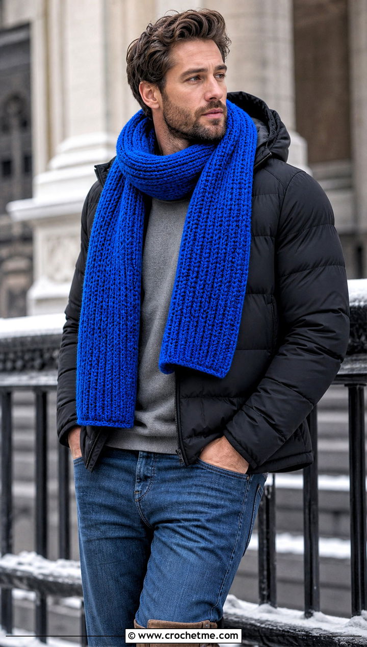 Chunky Ribbed Crochet Scarf With Puffer Jacket - 30 easy crochet scarf men outfit ideas