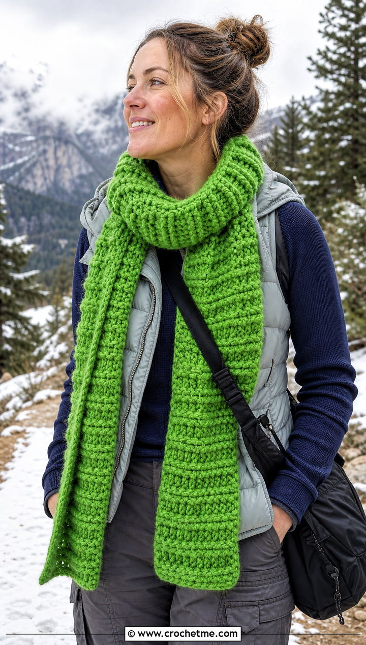 Chunky Ribbed Crochet Scarf With Puffer Vest - 25 boho crochet scarf outfit ideas