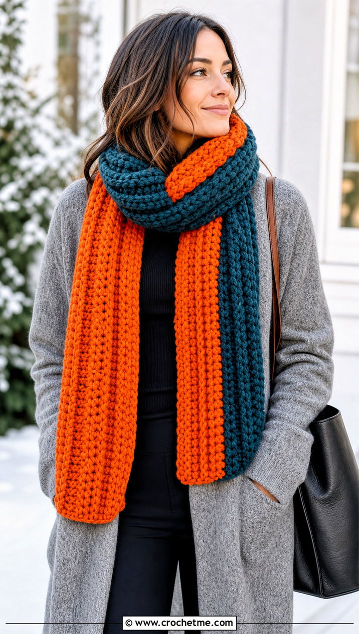 Chunky Ribbed Crochet Scarf With Sweater Coat - 30 2 color crochet scarf outfit ideas