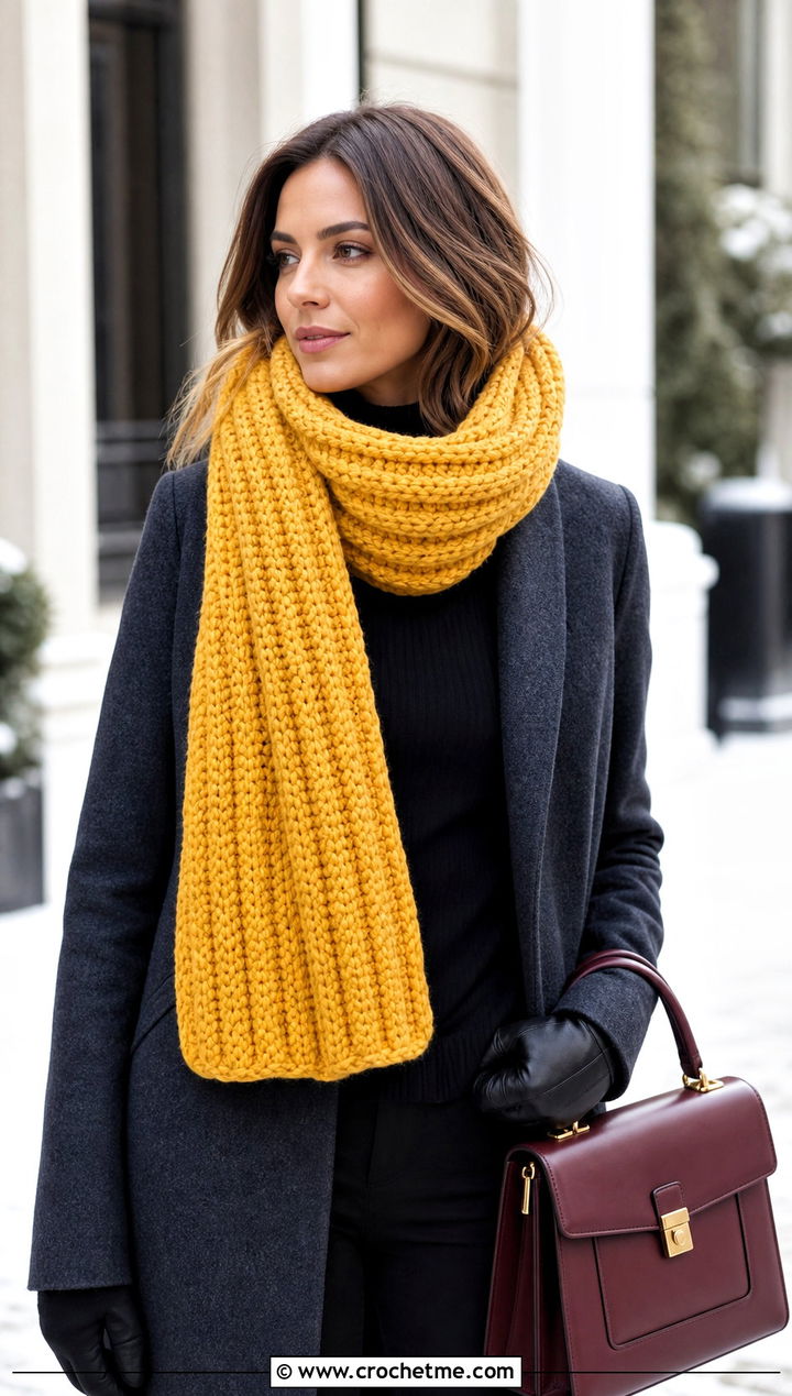 Chunky Ribbed Crochet Scarf With Tailored Coat - 20 Crochet Scarf For Beginners outfit ideas