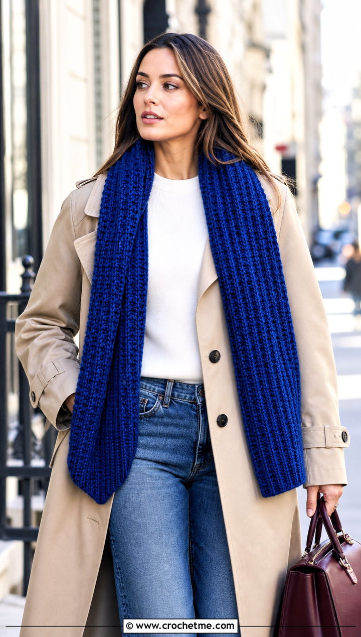 Chunky Ribbed Crochet Scarf With Trench Coat - 15 Crochet For Scarves Using Bulky Yarn outfit ideas