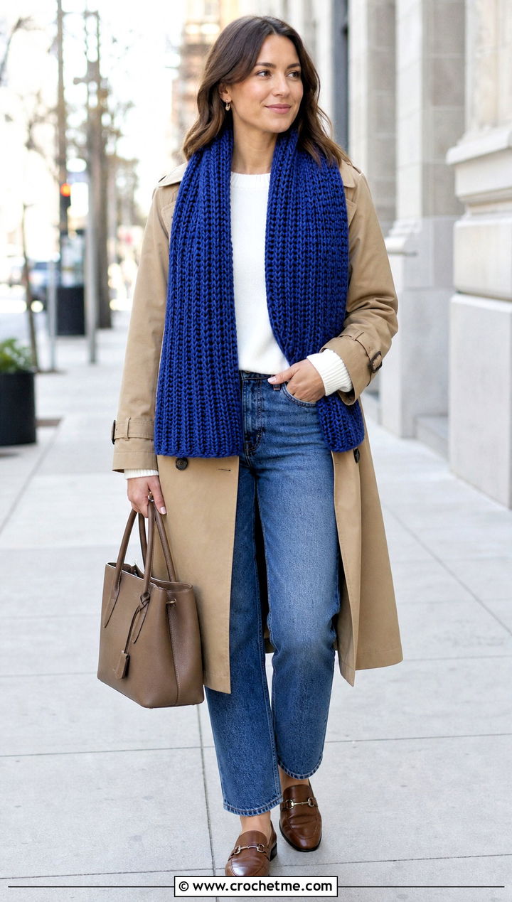 Chunky Ribbed Crochet Scarf With Trench Coat - 30 bulky crochet scarf outfit ideas