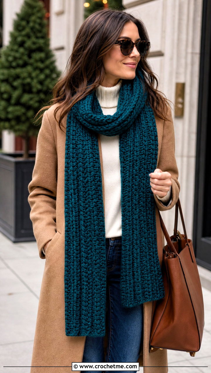 Chunky Ribbed Crochet Scarf With Wool Coat - 30 easy crochet scarfs outfit ideas