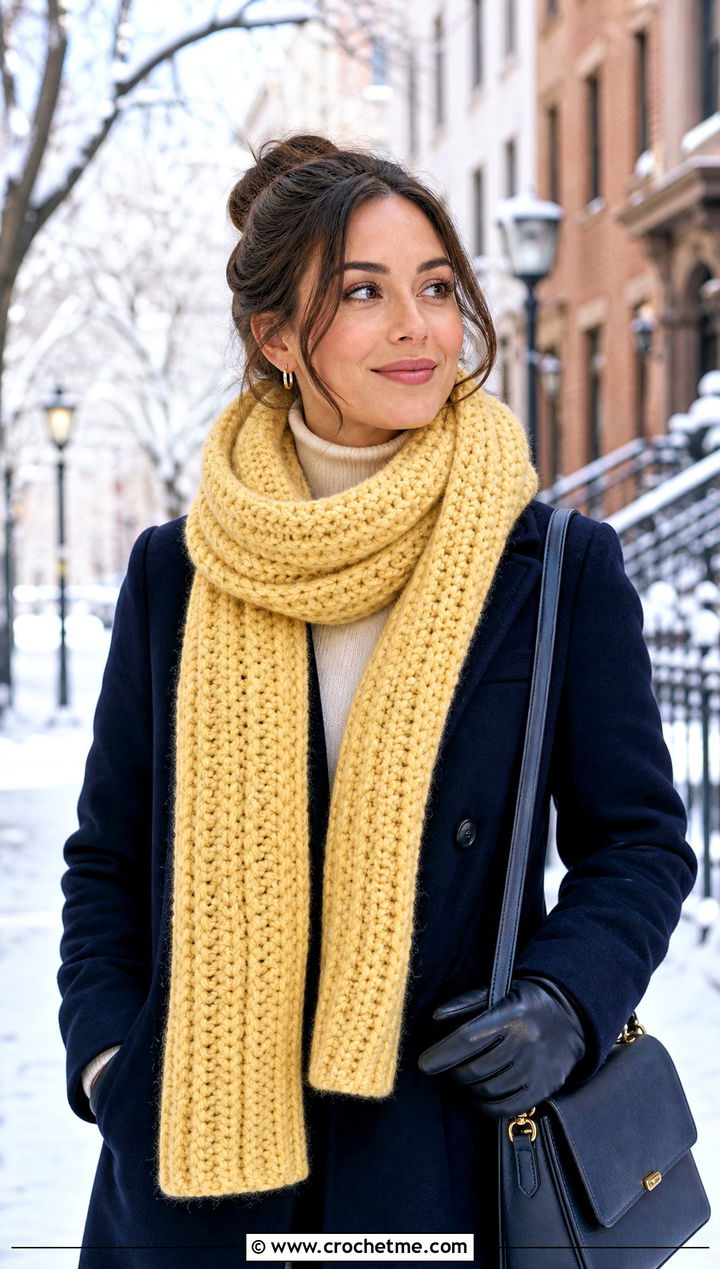Chunky Ribbed Crochet Scarf With Wool Coat - 25 crochet for scarfs outfit ideas