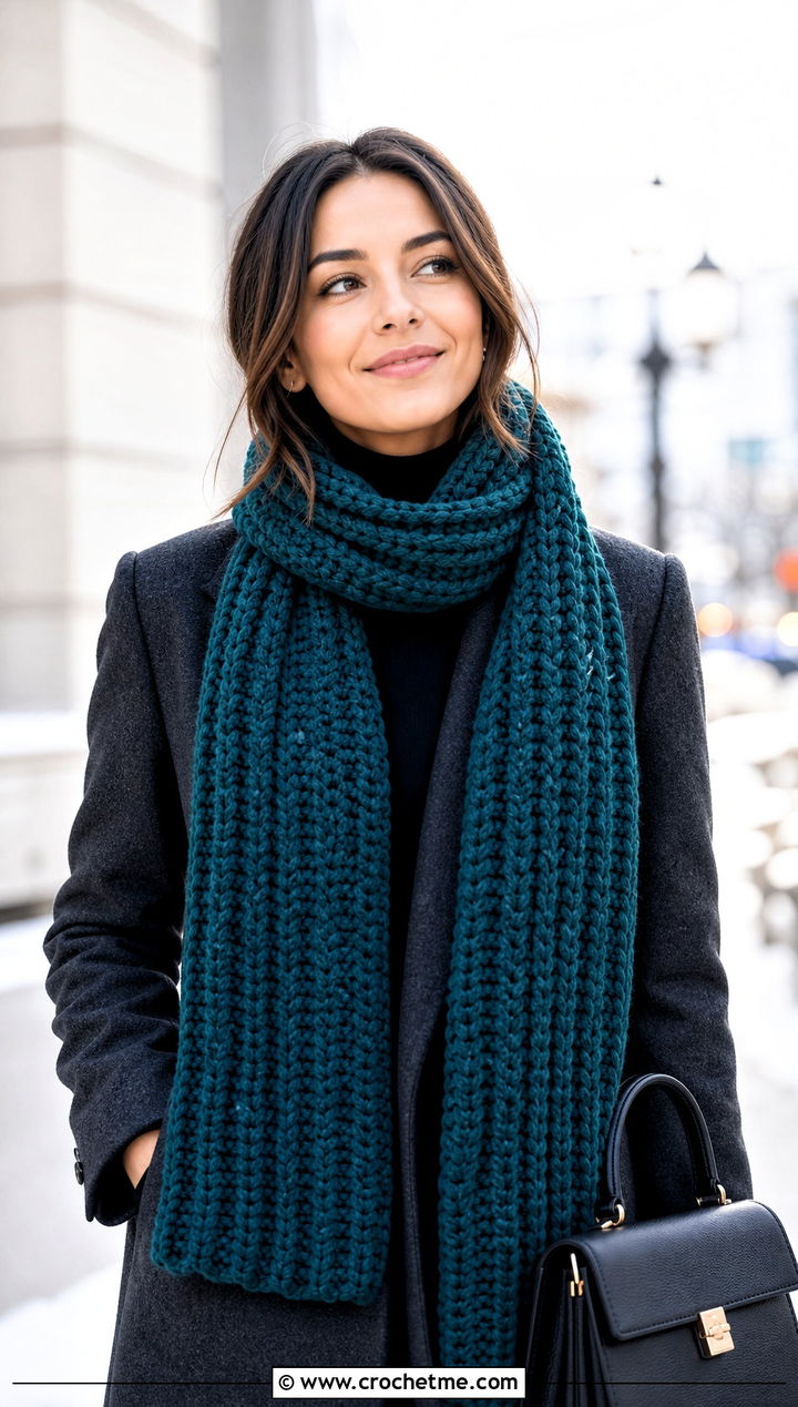 Chunky Ribbed Crochet Scarf With Wool Coat - 25 crochet scarf design ideas