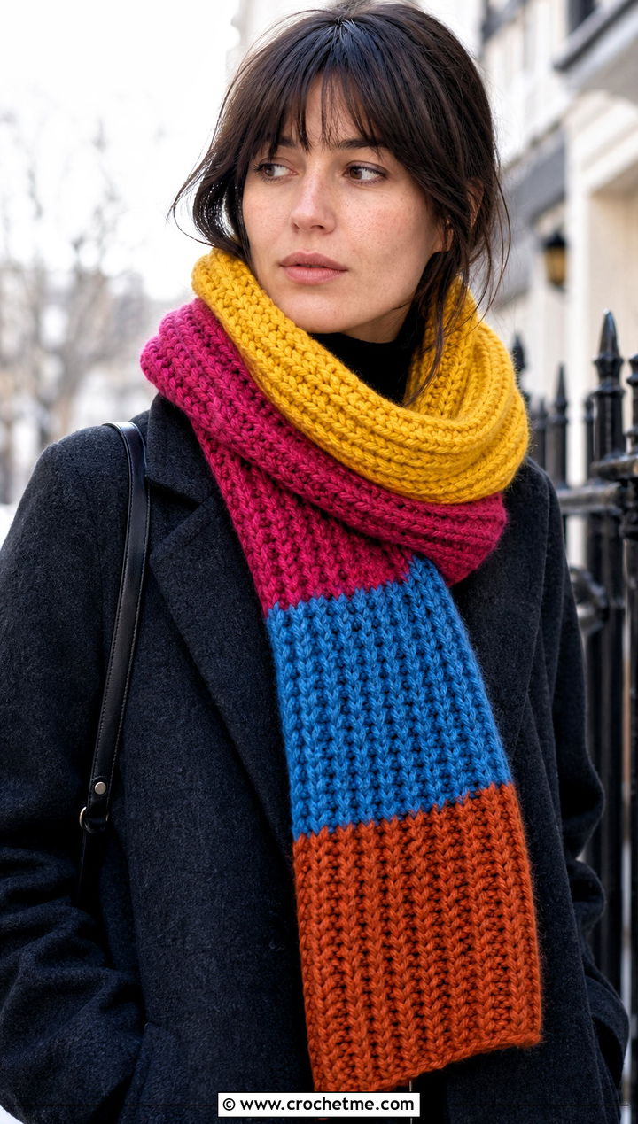 Chunky Ribbed Crochet Scarf With Wool Coat - 25 multi colored crochet scarf outfit ideas