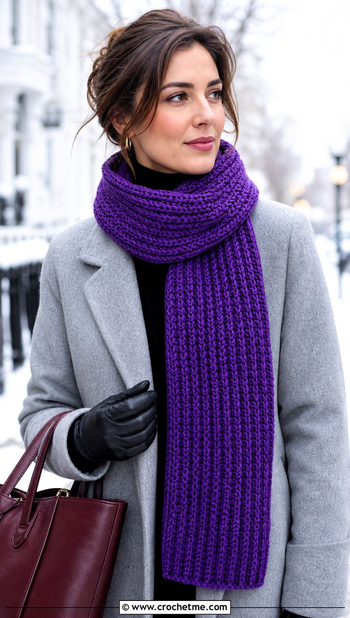 Chunky Ribbed Crochet Scarf With Wool Coat - 15 elegant crochet scarf design outfit ideas