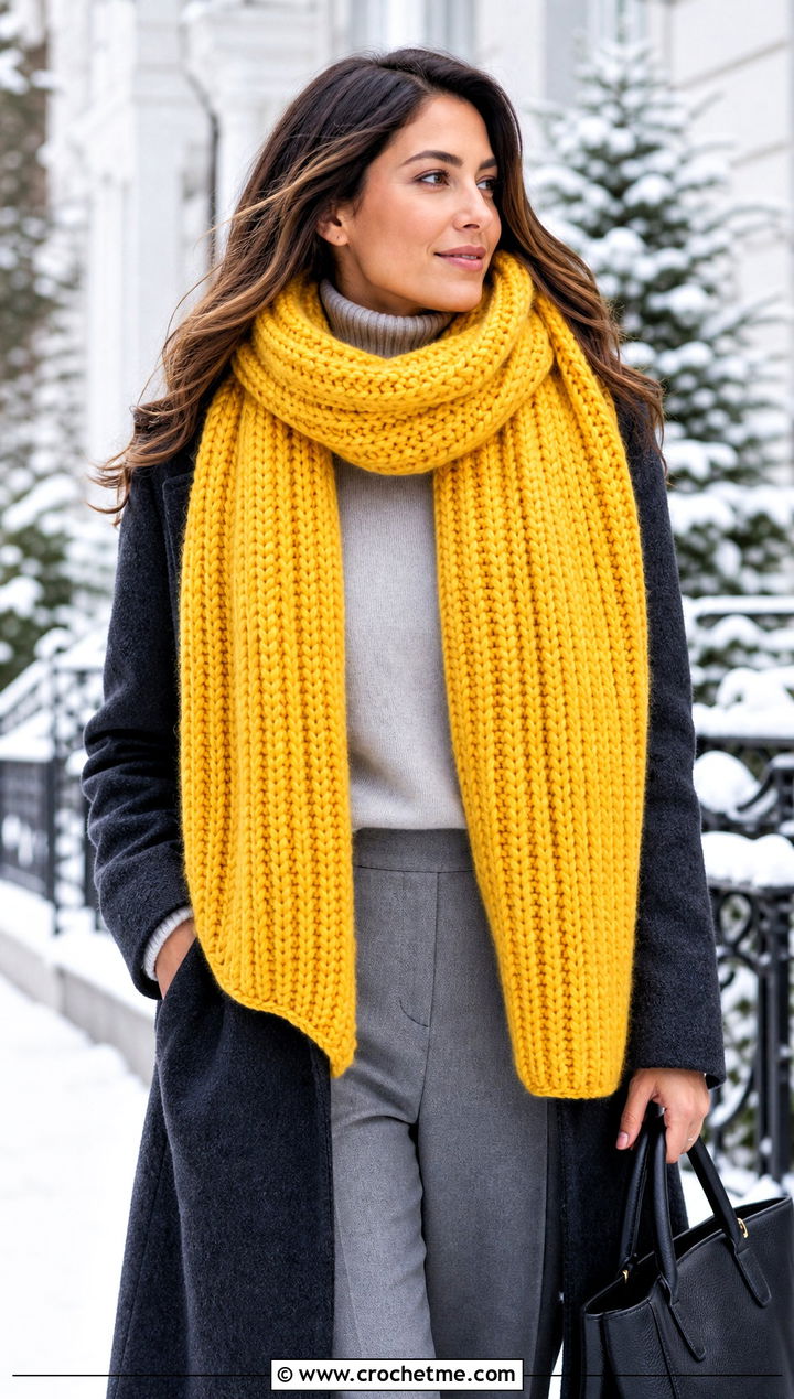 Chunky Ribbed Crochet Scarf With Wool Coat - 20 Crochet Textured Scarf outfit ideas