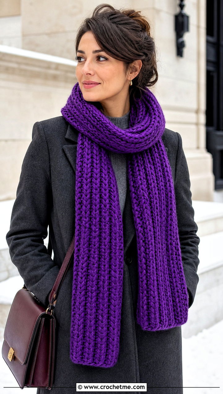 Chunky Ribbed Crochet Scarf With Wool Coat - 30 unique crochet scarf outfit ideas