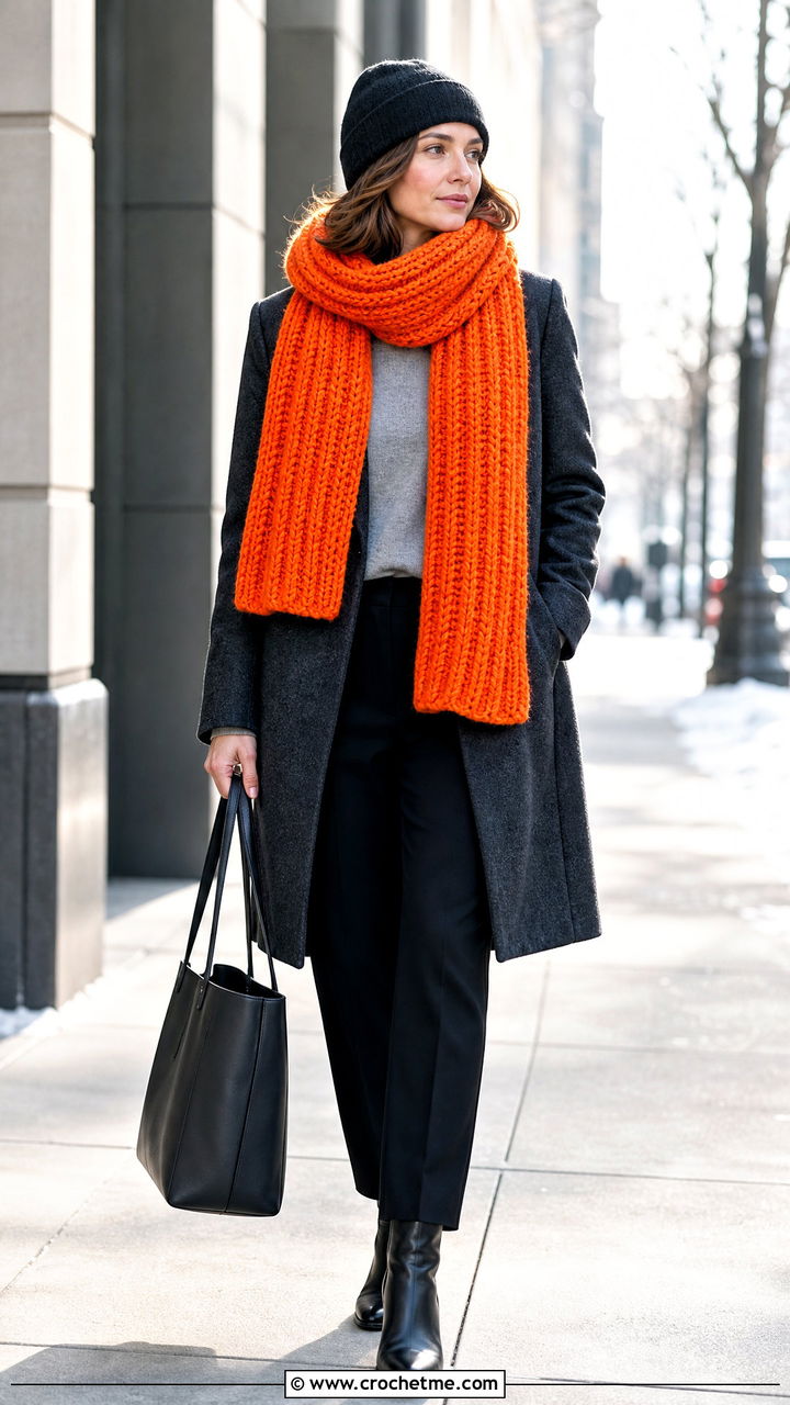 Chunky Ribbed Crochet Scarf With Wool Coat - 35 crochet scarf ideas