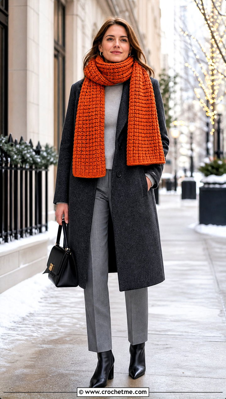 Chunky Ribbed Crochet Scarf With Wool Coat - 35 crochet scarves outfit ideas