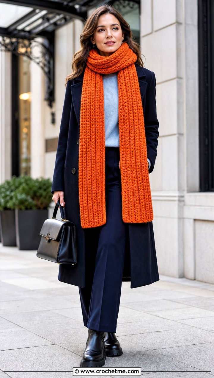 Chunky Ribbed Crochet Scarf With Wool Coat - 35 crocheted scarf outfit ideas