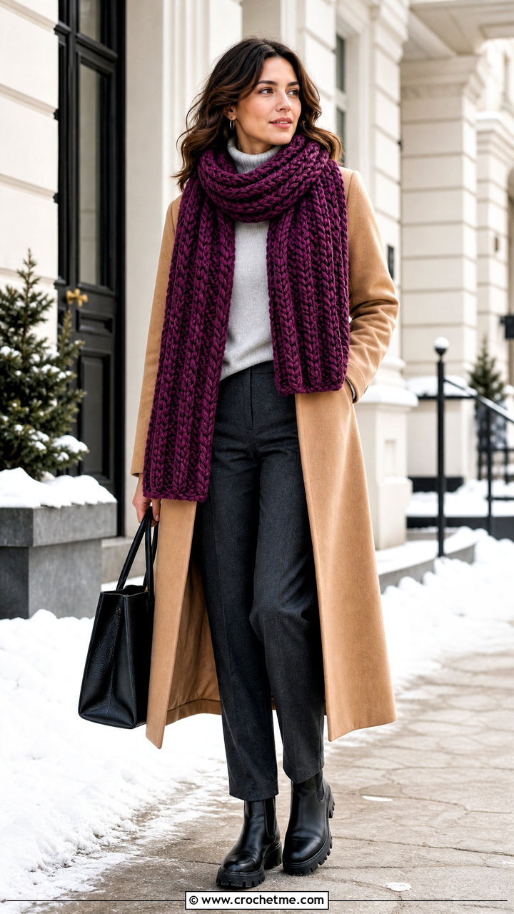 Chunky Ribbed Crochet Scarf With Wool Coat - 35 easy crochet scarves outfit ideas