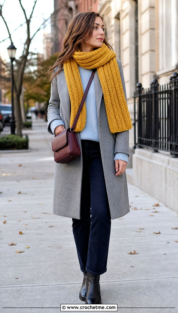 Chunky Ribbed Crochet Scarf With Wool Coat - 35 fall crochet scarf outfit ideas