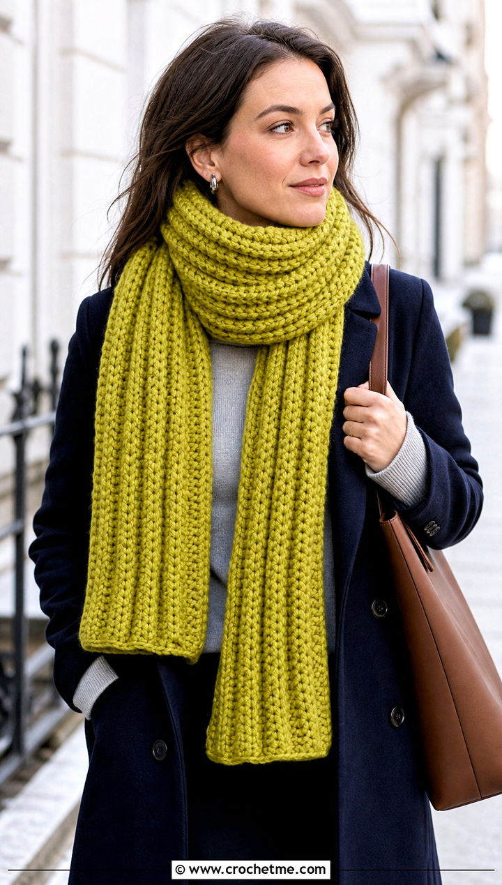 Chunky Ribbed Crochet Scarf With Wool Coat - 35 fun crochet scarf outfit ideas