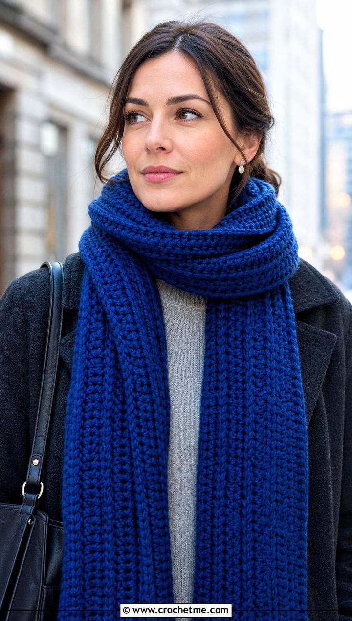 Chunky Ribbed Crochet Scarf With Wool Coat - 25 Chunky Yarn Crochet Scarf outfit ideas