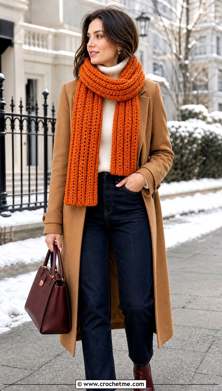 Chunky Ribbed Crochet Scarf With Wool Coat And Boots - 25 pretty crochet scarf outfit ideas
