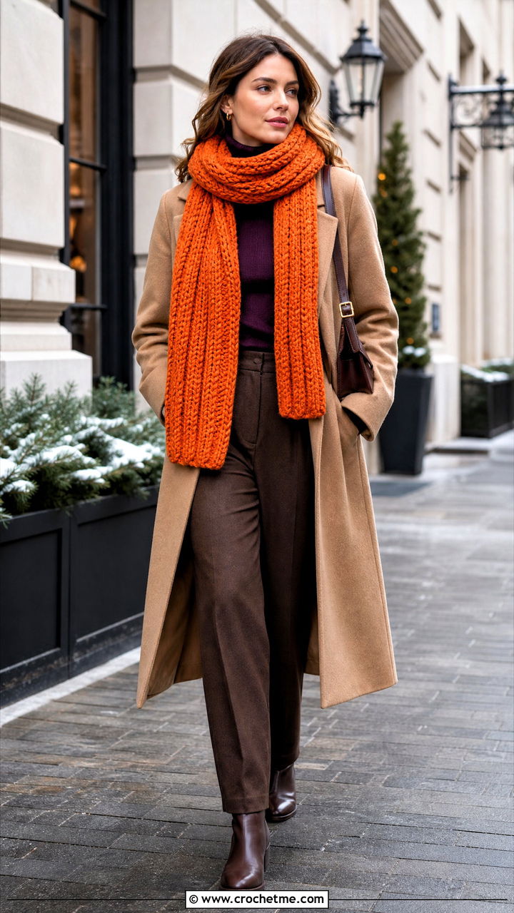 Chunky Ribbed Crochet Scarf With Wool Coat And Boots - 35 quick crochet scarf outfit ideas
