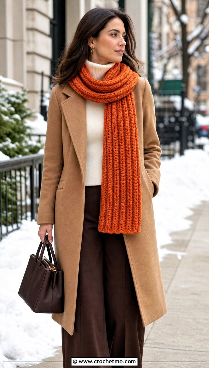 Chunky Ribbed Crochet Scarf With Wool Coat And Wide Leg Pants - 20 Elegant Crochet Scarf outfit ideas
