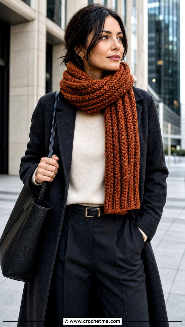 Chunky Ribbed Crochet Scarf With Wool Coat - 30 autumn crochet scarf outfit ideas