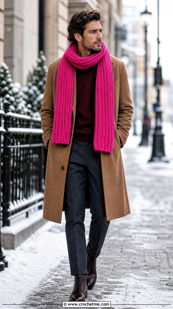 Chunky Ribbed Crochet Scarf With Wool Topcoat - 35 men's crochet scarf outfit ideas
