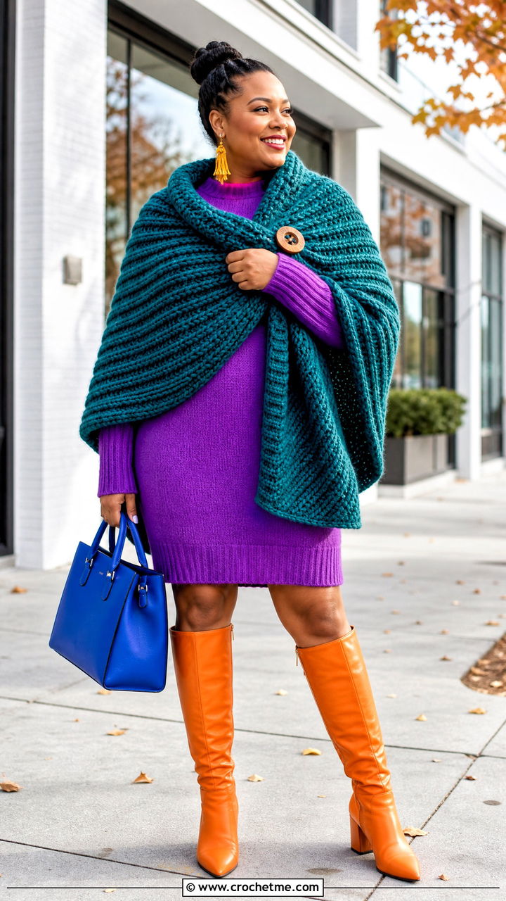 Chunky Ribbed Crochet Shawl With A Sweater Dress - 35 crochet shawl outfit ideas