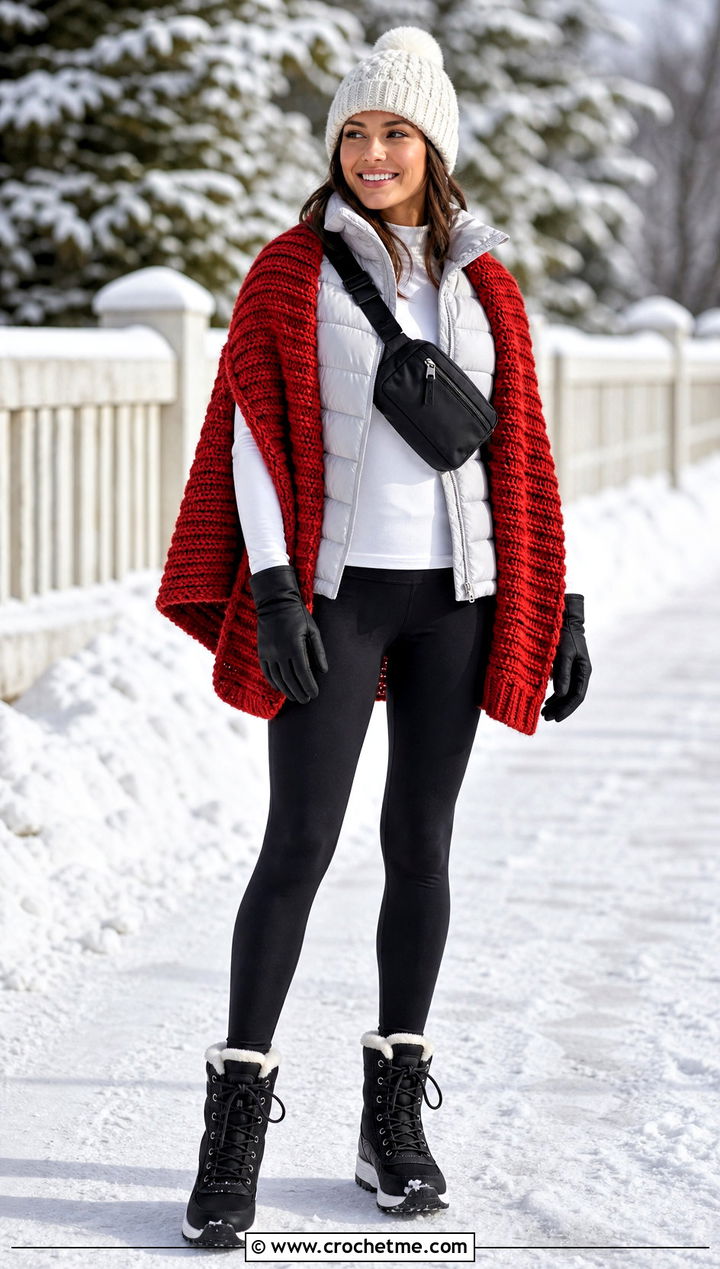 Chunky Ribbed Crochet Shawl With Puffer Vest And Leggings - 35 quick crochet shawl outfit ideas