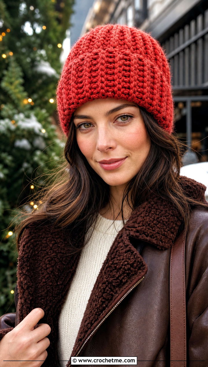 Chunky Ribbed Crochet Short Row Beanie With Shearling Jacket - 20 Crochet Short Row Beanie outfit ideas